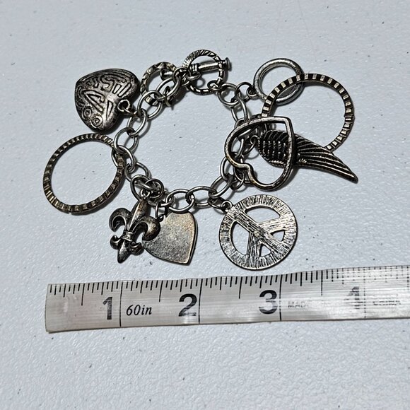 Vintage Silver Tone Charm Bracelet Peace Heart Wing Charms Fashion Jewelry Women - Picture 6 of 6